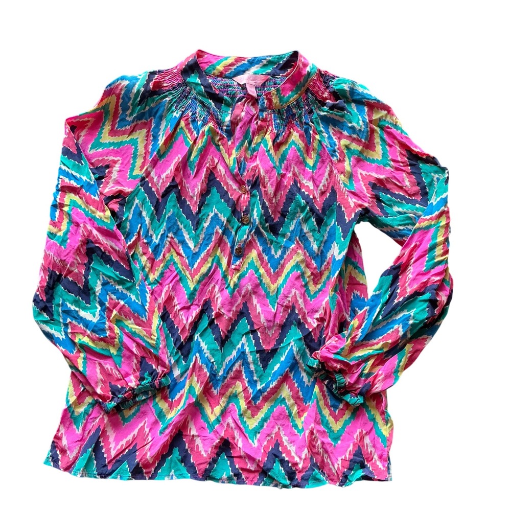 Lilly Pulitzer Silk Zigzag Print Smocked‎ Neck Tunic Top XS